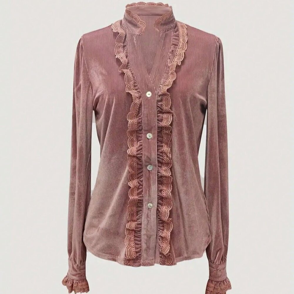 Dusty Pink Elegant Women's Velvet Blouse - Picture 4 of 8